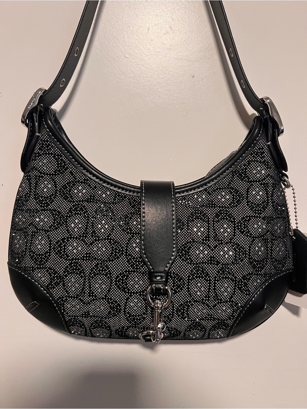 Coach Black Jacquard Shoulder Bag with Leather Trim